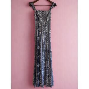 Flynn Skye Bardot Maxi Dress | Women’s XS | Blue White Paisley Boho Print